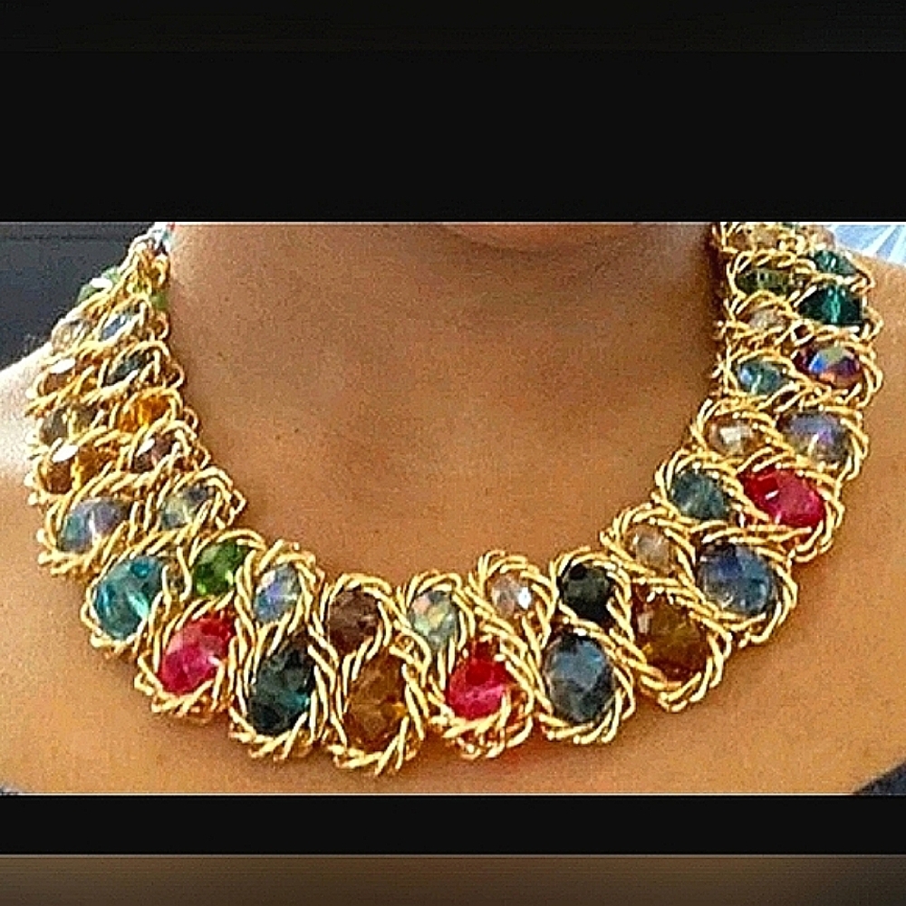 Last One: "Jodie" Gold Stone Statement  Necklace
